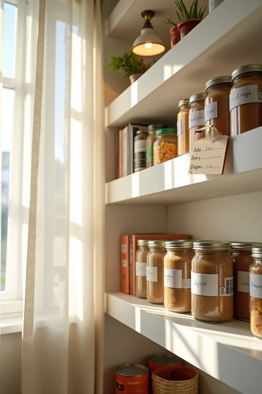 Pantry shelves display older canned goods in front and newer items behind, with a dated clipboard tracking inventory.