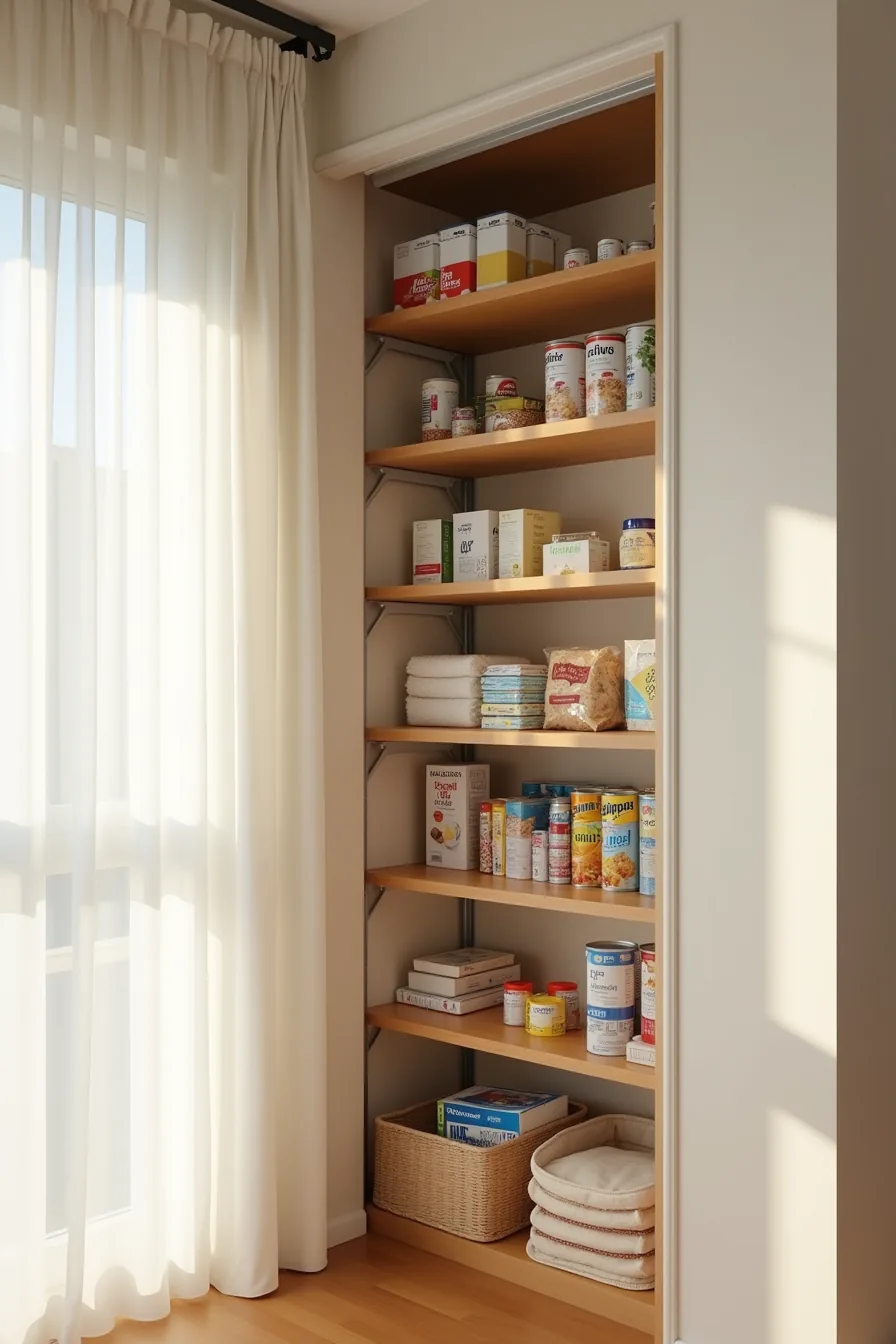 Six metal shelves stacked floor to ceiling hold neatly organized rows of cereal boxes and canned goods.