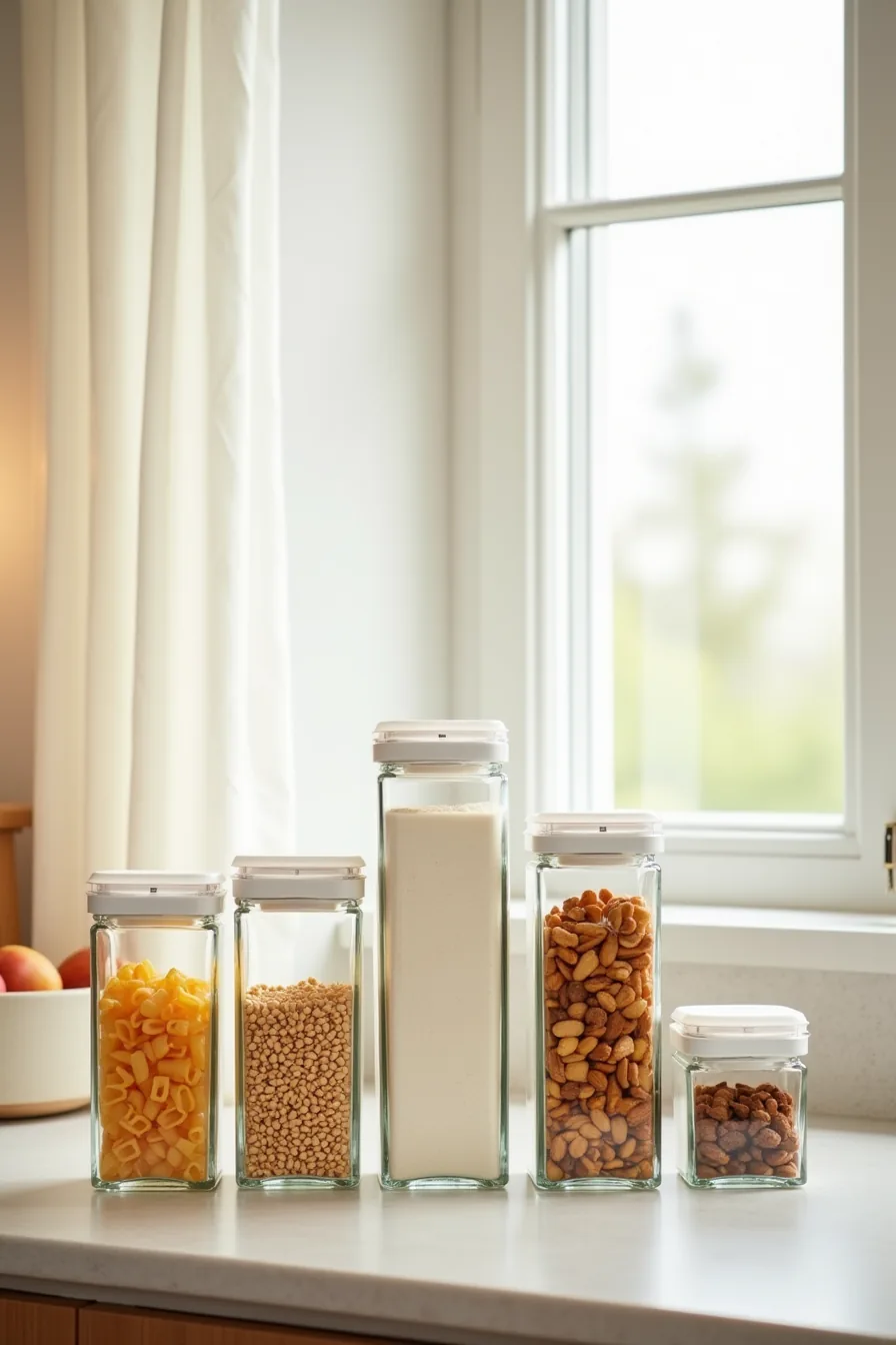 Six clear containers arranged by height contain pasta, flour, rice, crackers, snacks, and nuts in organized rows.