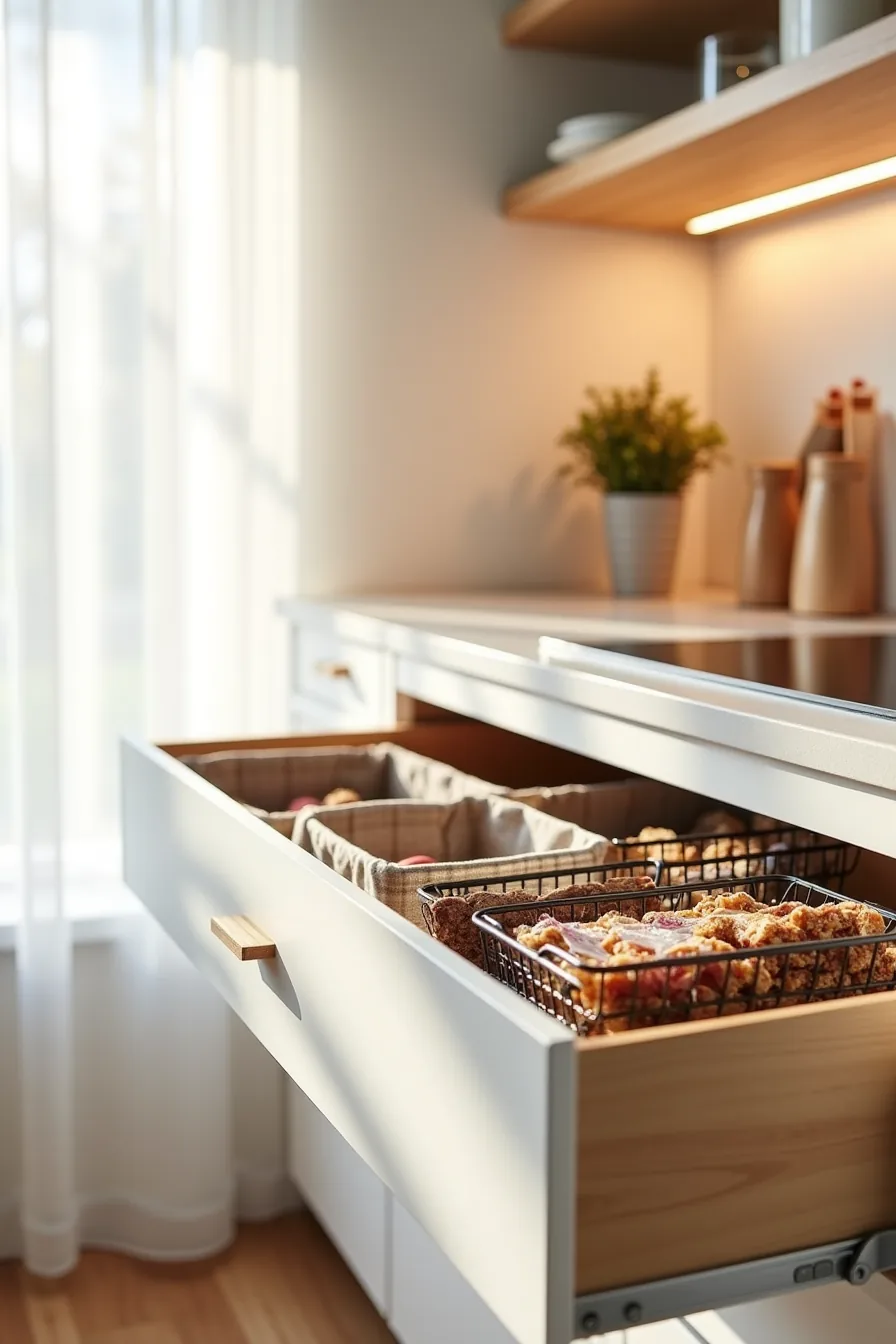 Pantry drawer contains a fabric basket and wire insert filled with granola bars, dried fruit packets, and baking supplies.