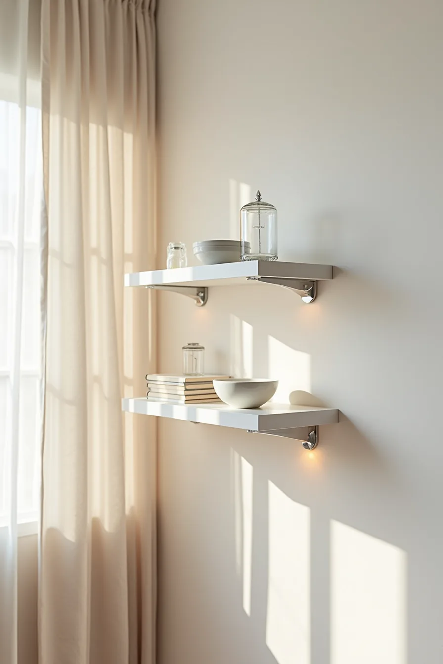 White floating shelves with visible L-brackets holding ceramic bowls and glass containers on painted wall.