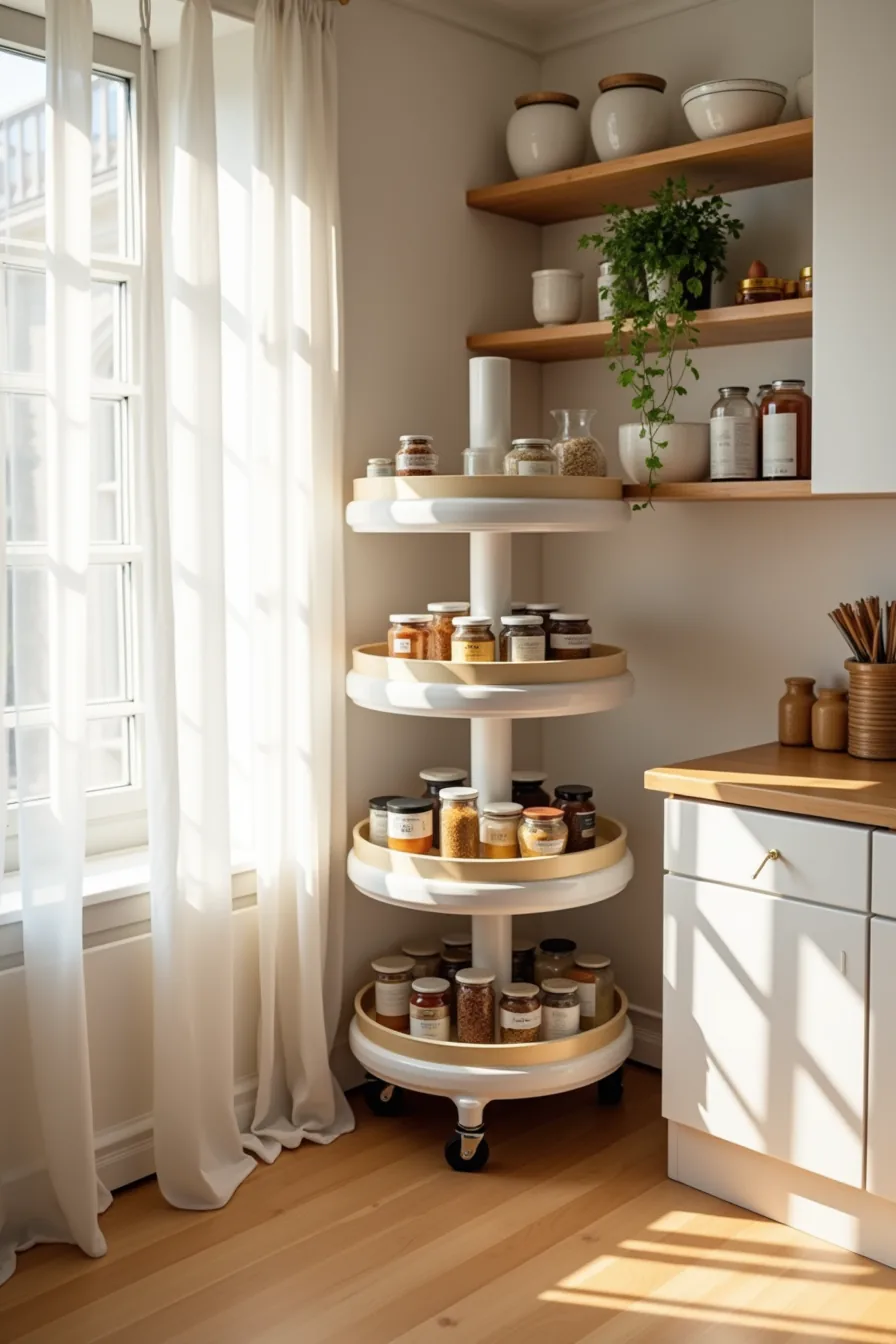 Lazy susan turntable in pantry corner filled with bottles and jars arranged in circular rows.