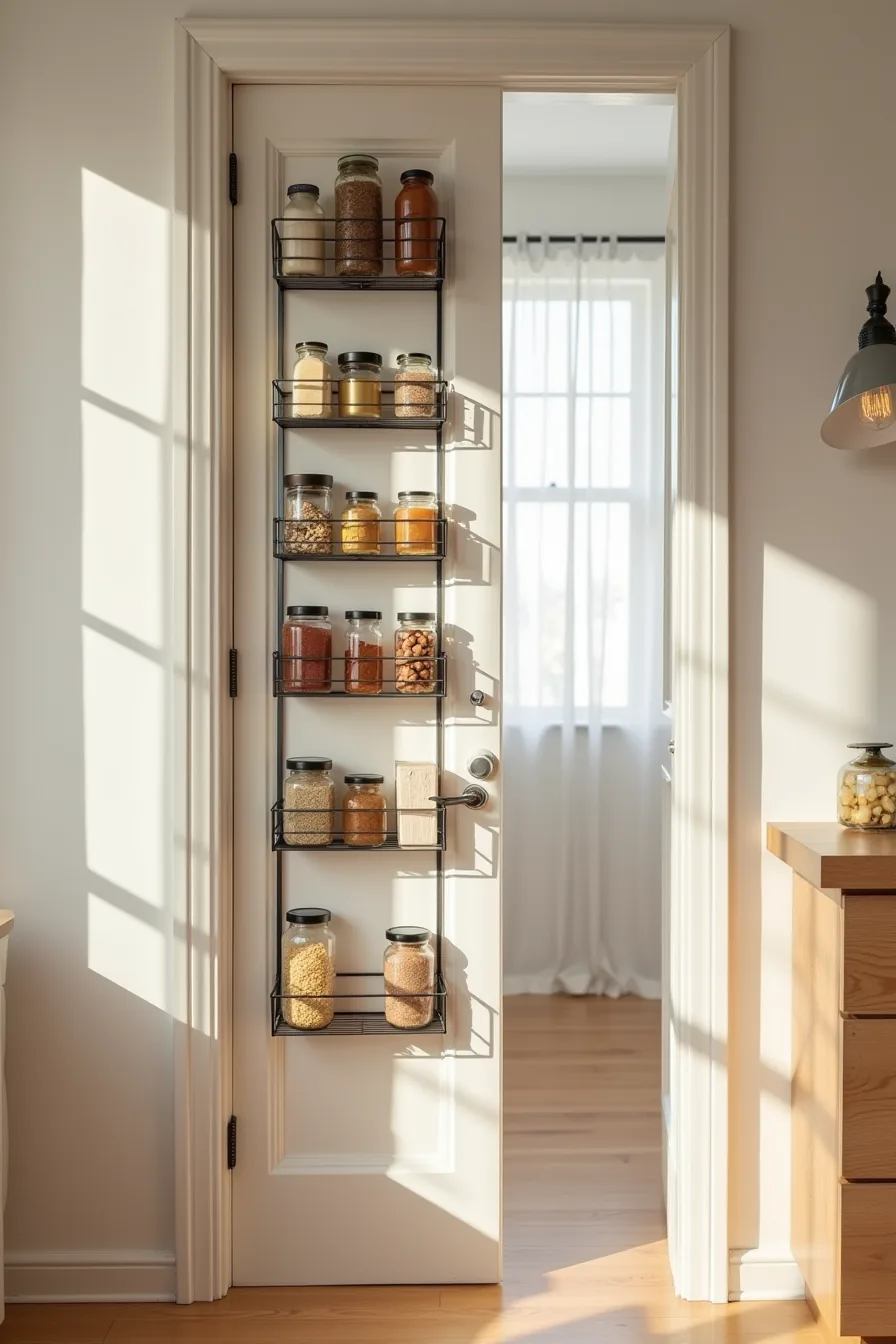 Over-the-door organizer on partially open pantry door holding narrow jars and small boxes.