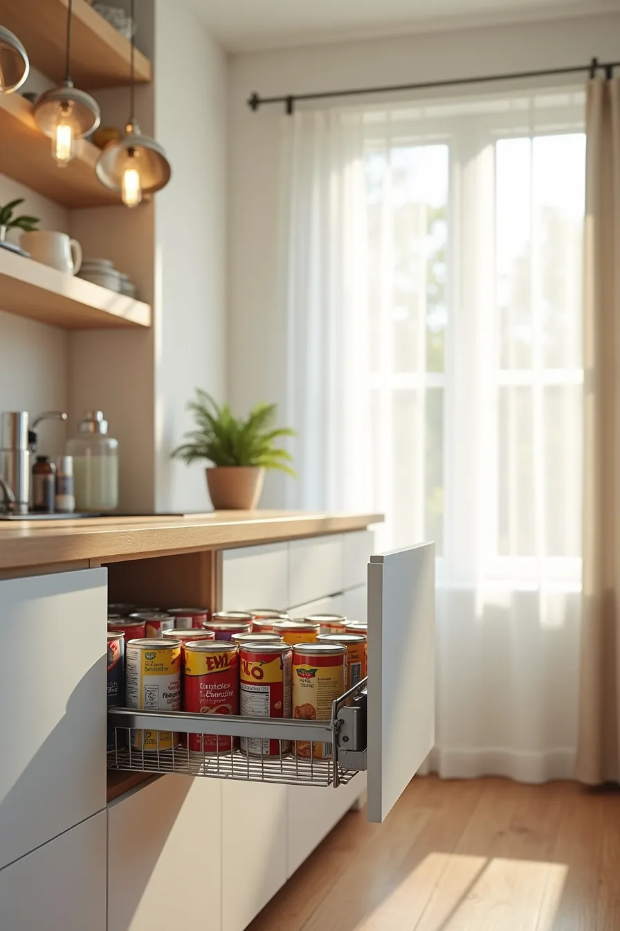 Wire drawer tray partially pulled out from wall studs displaying canned and dry goods.