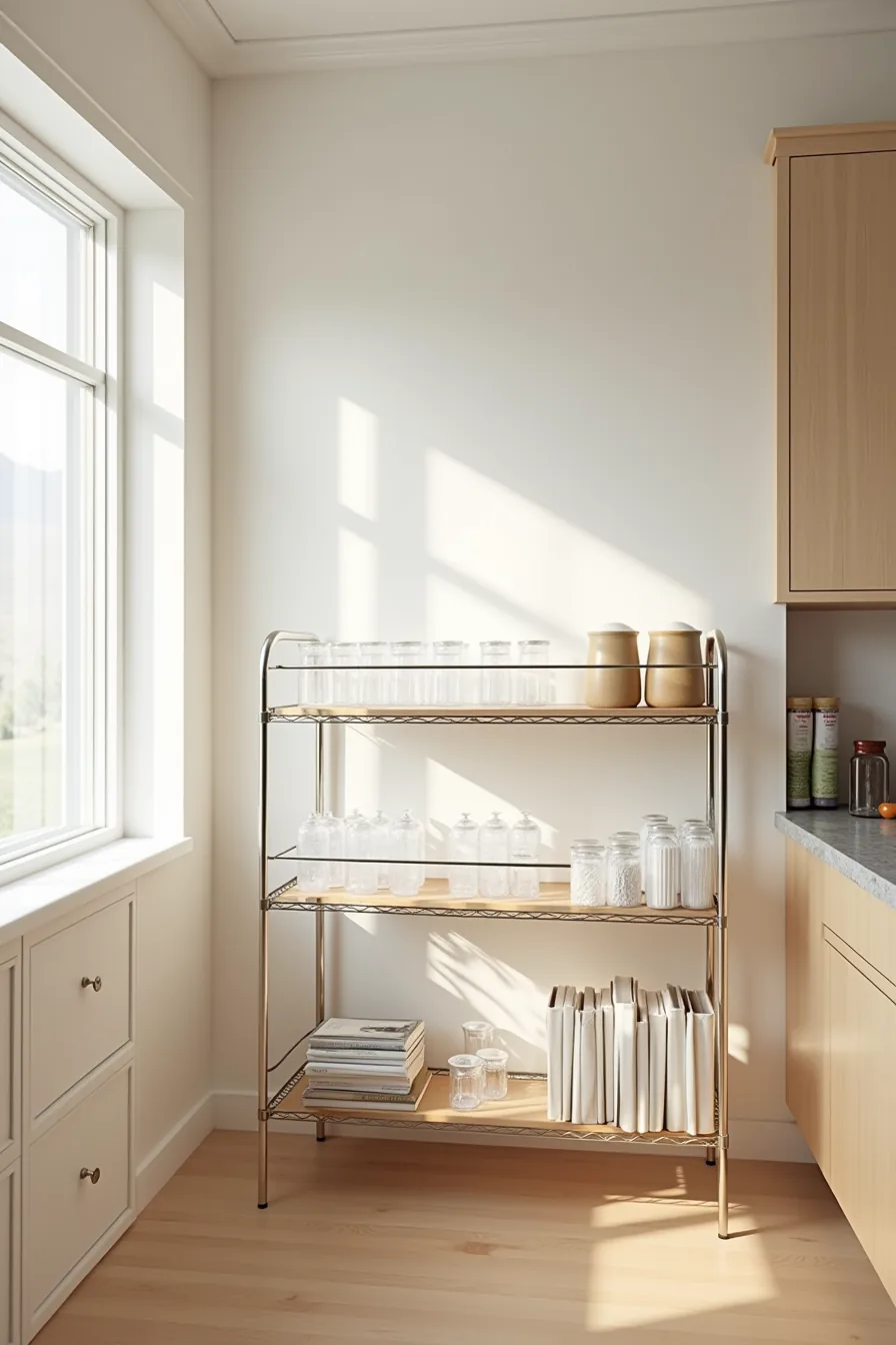 Adjustable metal shelving with transparent acrylic containers arranged by height on each tier.