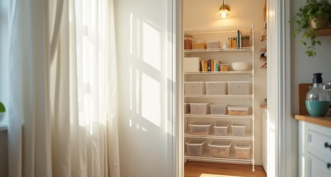 White wire shelving units filled with clear plastic bins and stacked containers viewed from the pantry doorway.