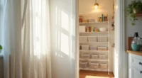White wire shelving units filled with clear plastic bins and stacked containers viewed from the pantry doorway.