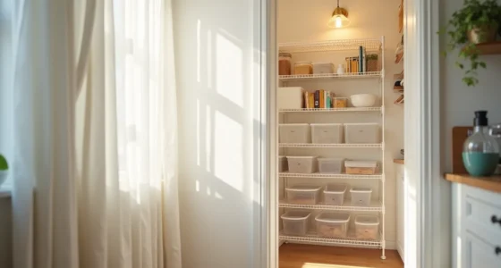 White wire shelving units filled with clear plastic bins and stacked containers viewed from the pantry doorway.