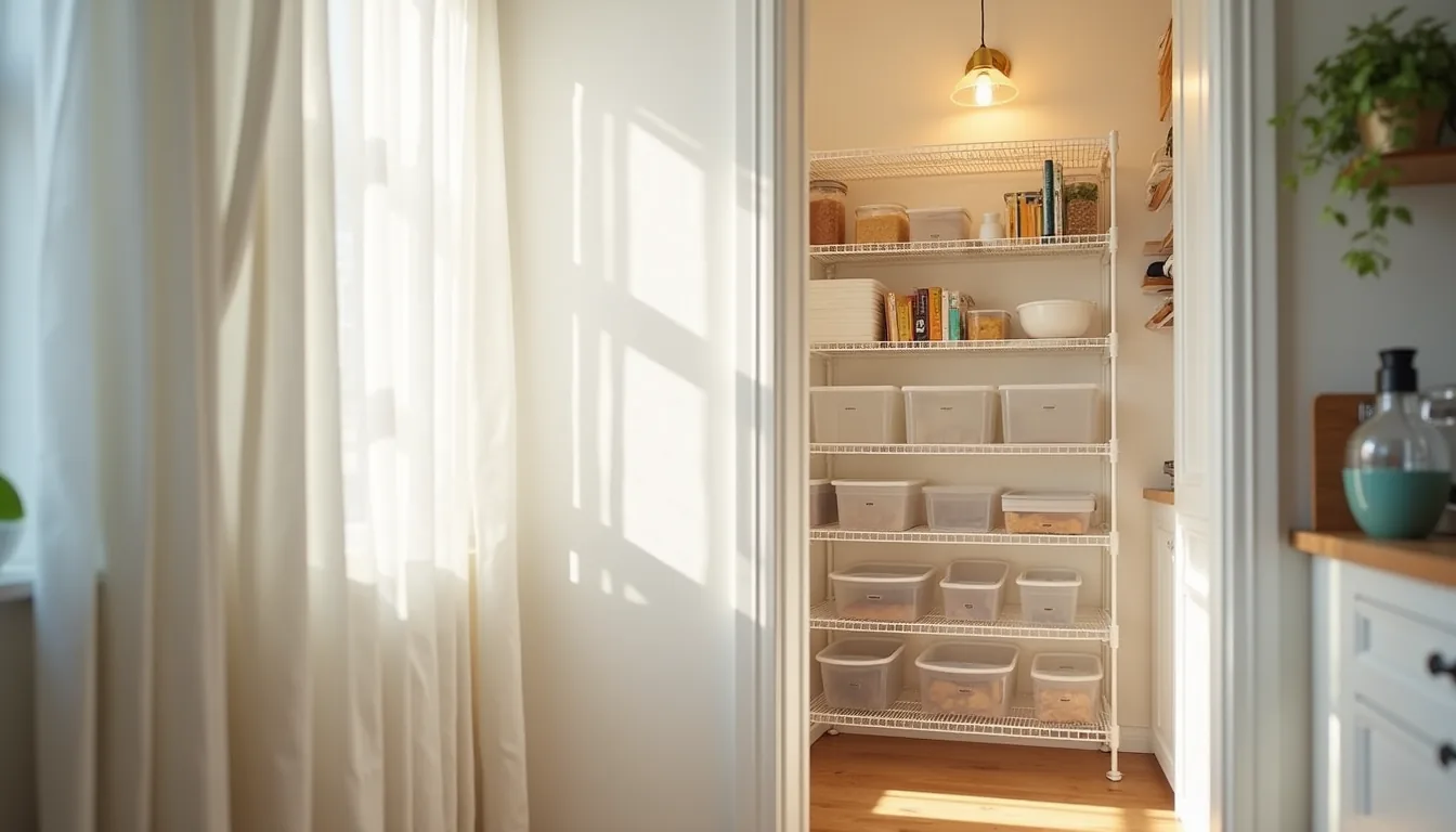 White wire shelving units filled with clear plastic bins and stacked containers viewed from the pantry doorway.