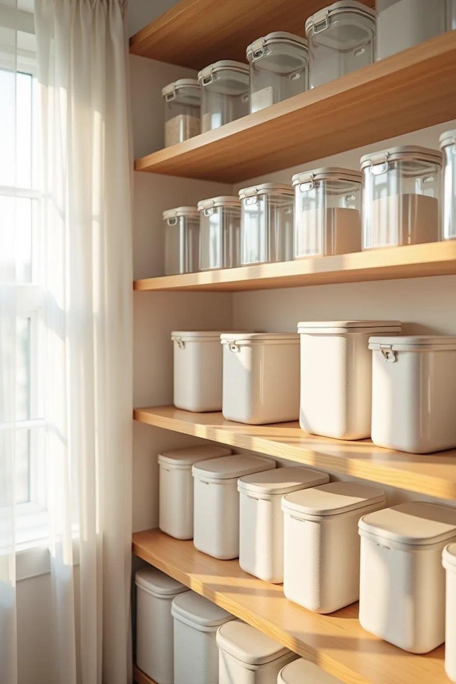 Wooden shelves lined with matching clear glass and acrylic containers, some with dust covers.