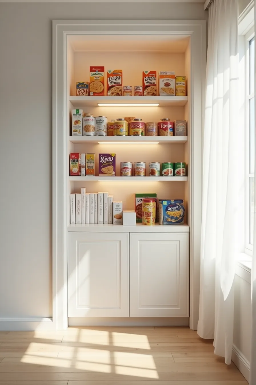 Three white tiered risers on a shelf display cereal boxes, canned soups, and snack boxes in ascending steps.