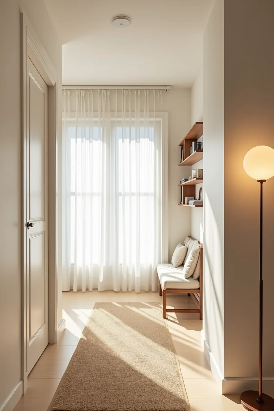 Runner rug centered in narrow hallway with bench at end and wall shelving on both sides.