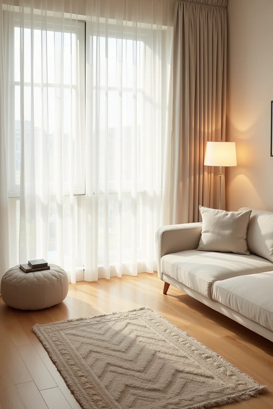 Large neutral rug with smaller patterned rug layered diagonally across one corner on hardwood.