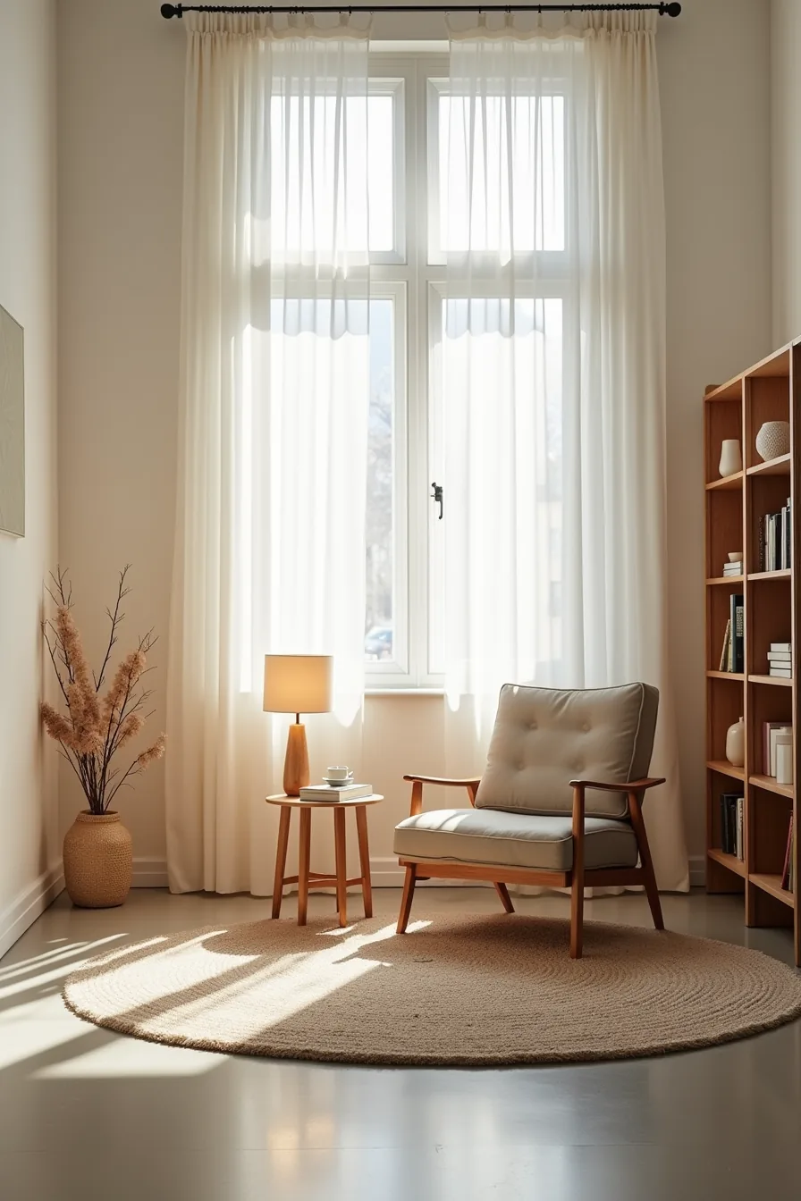 Reading corner with armchair, side table, lamp, and bookshelf anchored by a small rug.