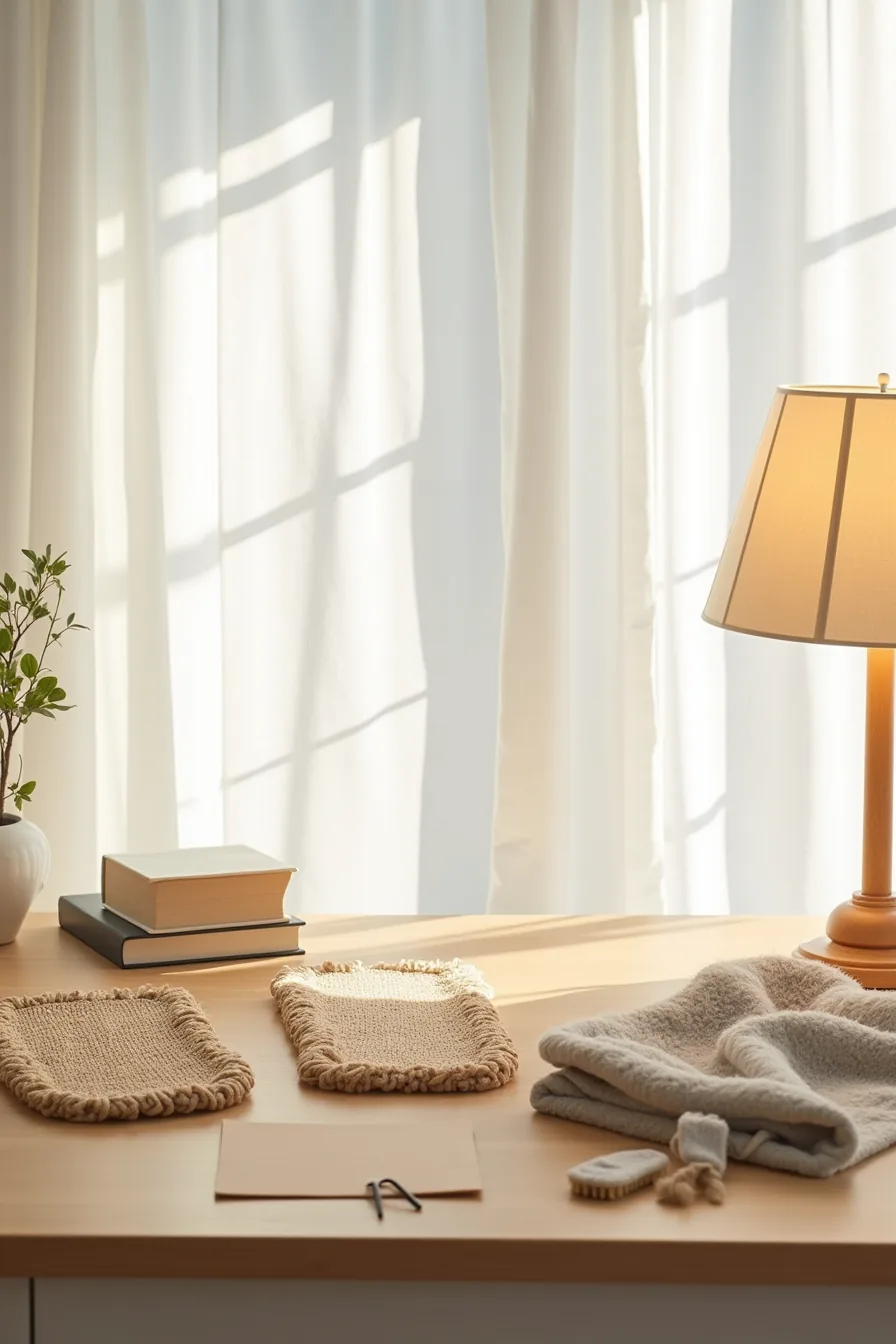 Three rugs in jute, polypropylene, and wool materials with care labels and cleaning supplies.