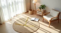 Measuring tape, jute rug, folded wool rug, and notebook with notes arranged on light wood flooring.