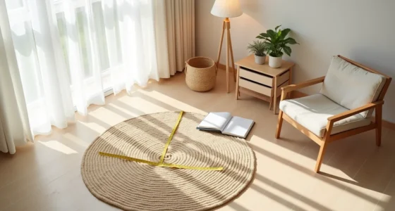 Measuring tape, jute rug, folded wool rug, and notebook with notes arranged on light wood flooring.