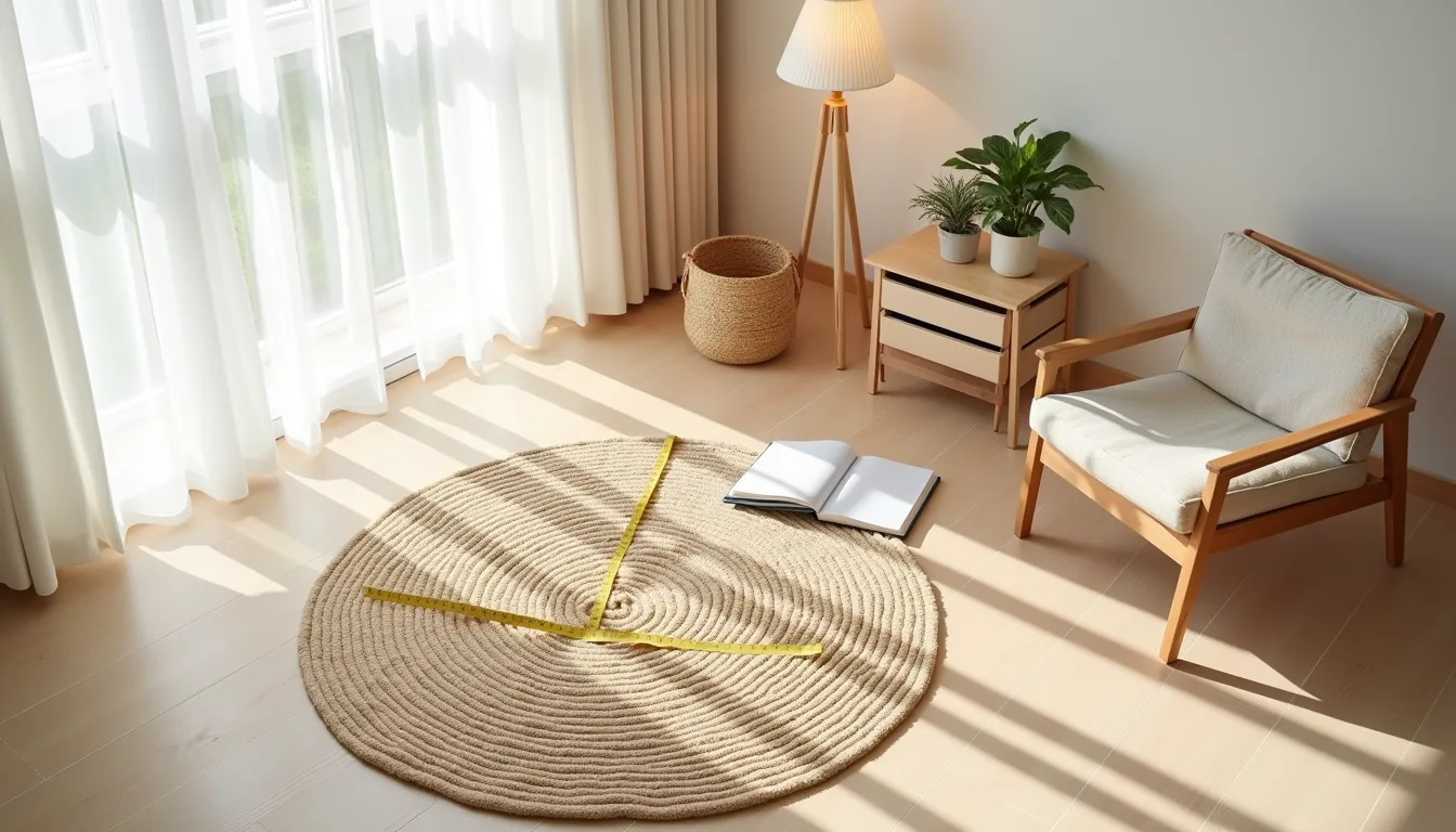 Measuring tape, jute rug, folded wool rug, and notebook with notes arranged on light wood flooring.