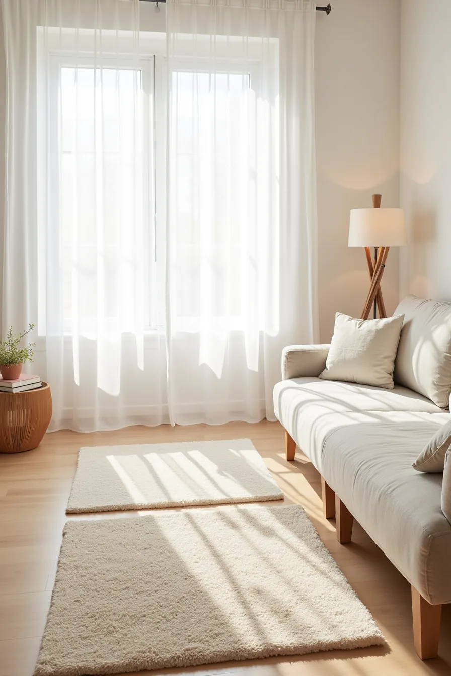 Three small rugs in different sizes and styles arranged side by side on a neutral floor.