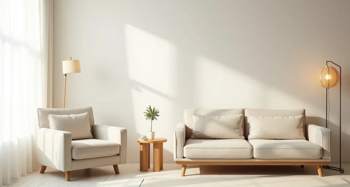 Compact armchair next to oversized sectional sofa with measuring tape and grid floor showing size comparison.