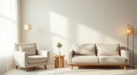 Compact armchair next to oversized sectional sofa with measuring tape and grid floor showing size comparison.