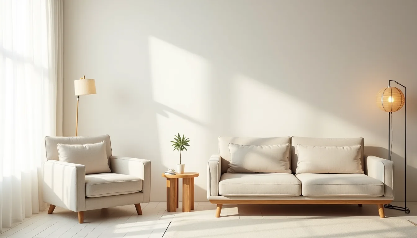 Compact armchair next to oversized sectional sofa with measuring tape and grid floor showing size comparison.