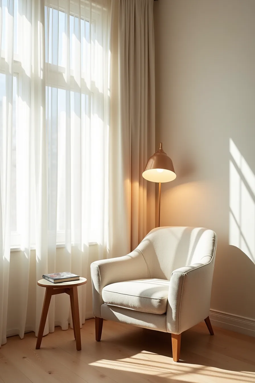 Curved lounge chair with rolled arms in corner nook, side table and floor lamp positioned nearby.