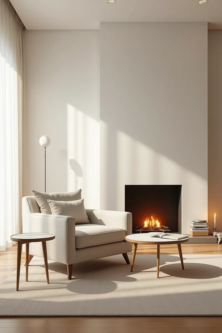 Sofa chair centered in living room facing fireplace with flanking accent tables and perimeter clearance.