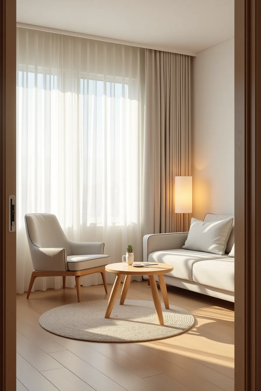 Compact sofa chair with coffee table and accent rug in small living room viewed from doorway entrance.