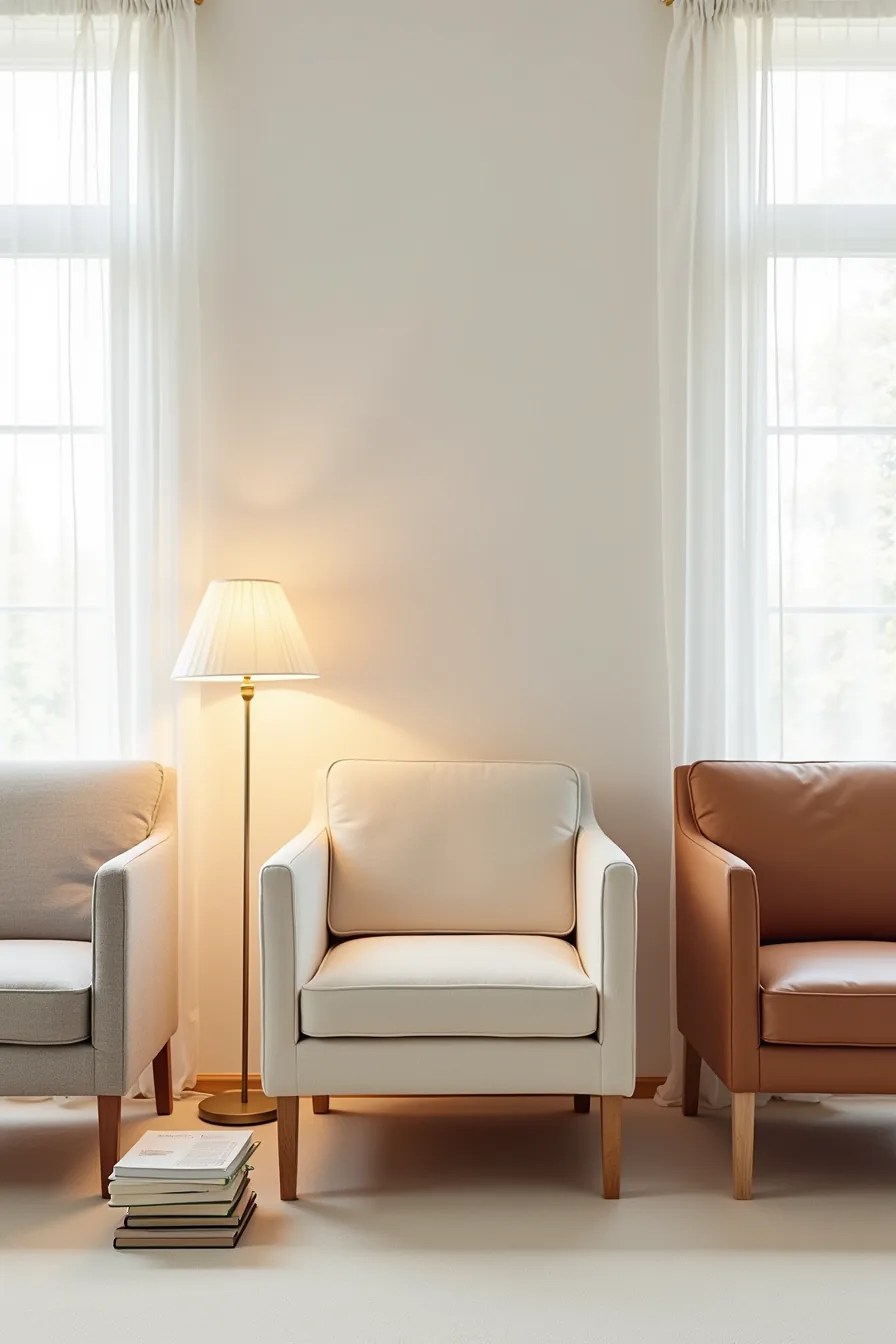 Three chair upholstery samples in linen, leather, and performance fabric with corresponding maintenance supplies.