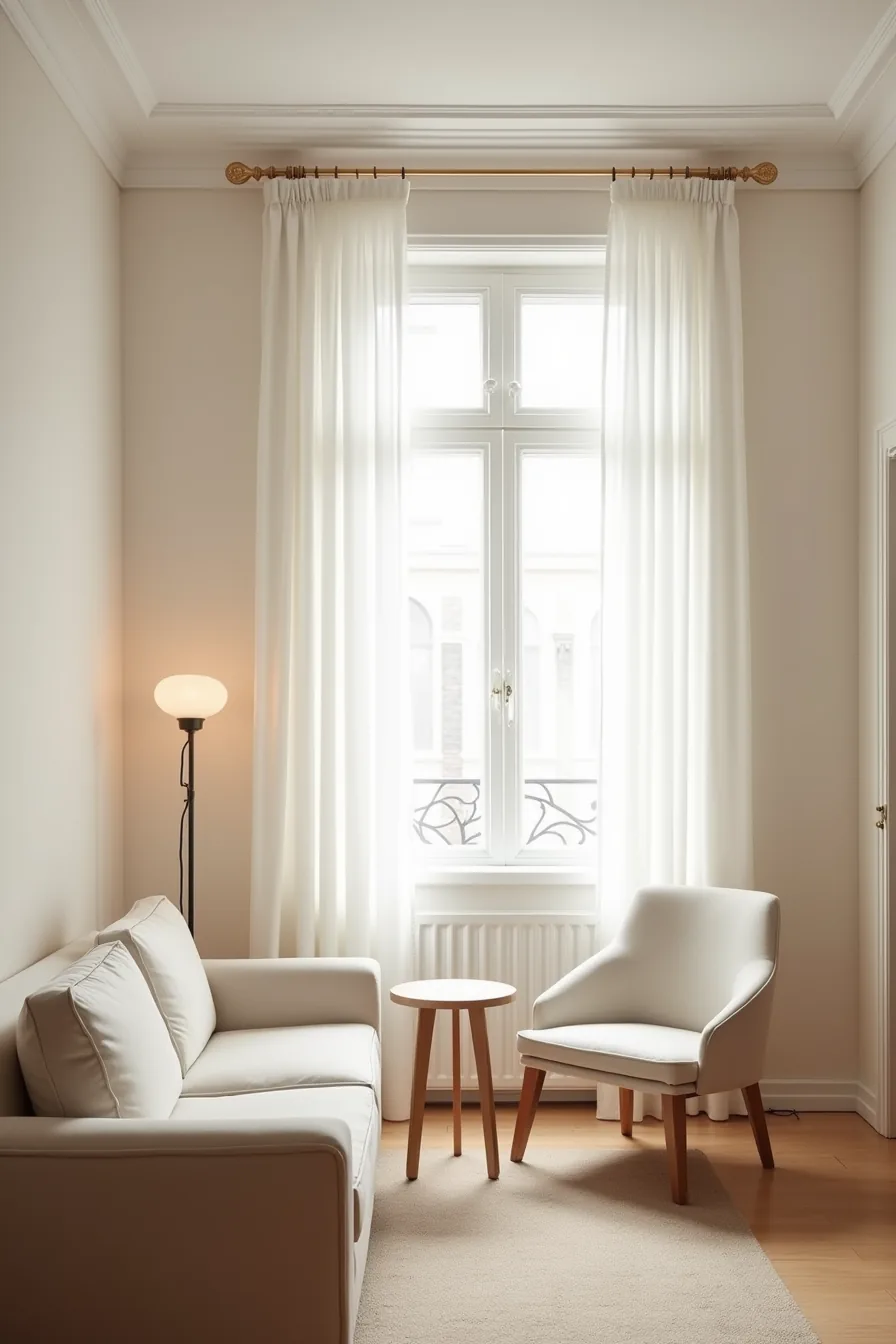 Overhead apartment floor plan showing slim sofa, narrow armchair, round side table, and entryway sightlines.