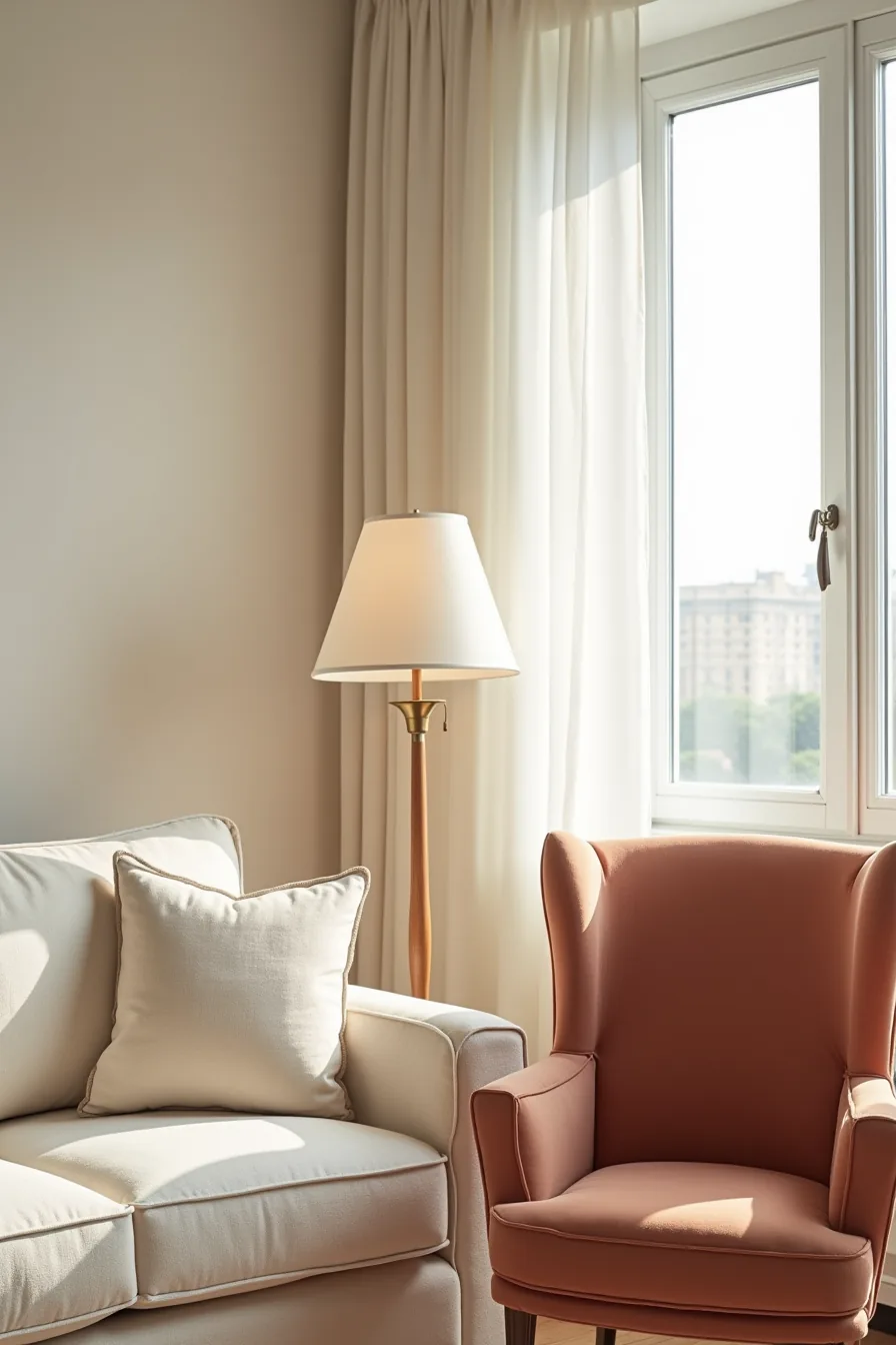 Cream linen sofa next to a rust-colored velvet wingback chair showcasing contrasting fabric textures and colors.