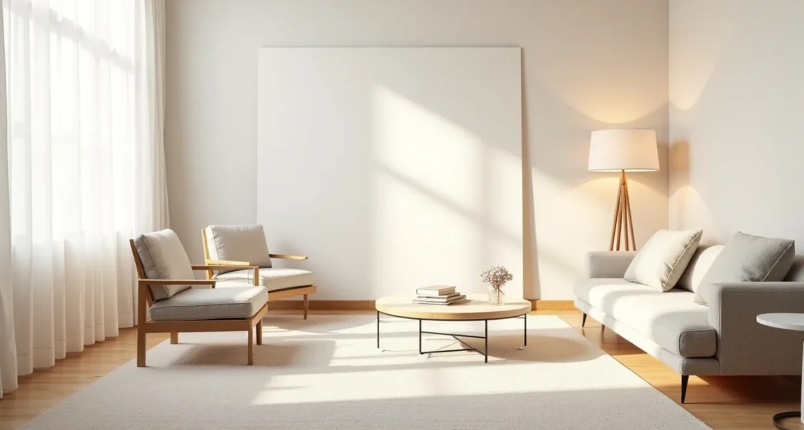 Floor plan sketch showing sofa, two accent chairs, coffee table, and area rug arranged in a living room layout.