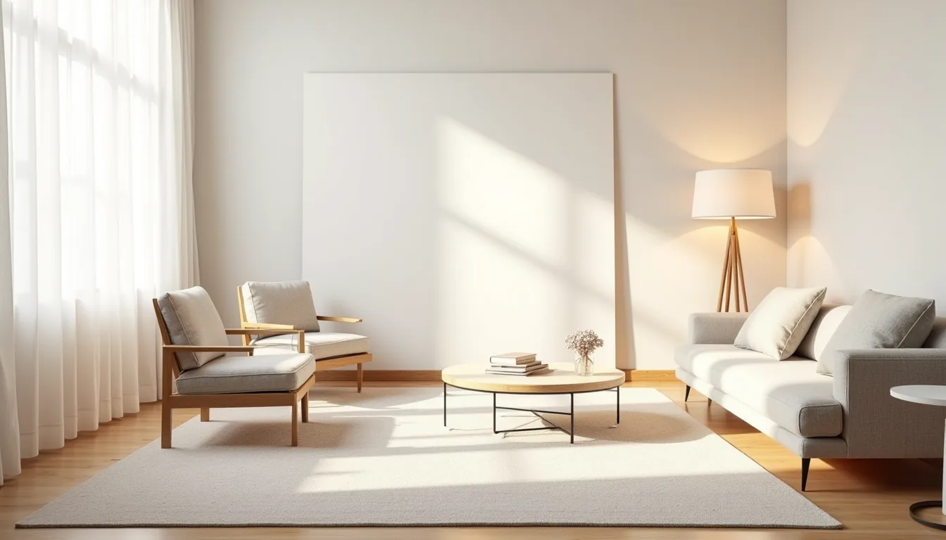 Floor plan sketch showing sofa, two accent chairs, coffee table, and area rug arranged in a living room layout.