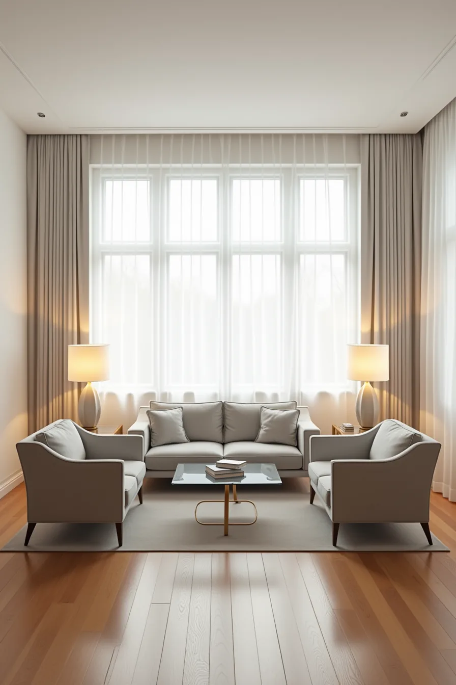 Gray sofa and matching armchairs arranged around a glass coffee table in a formal seating configuration.