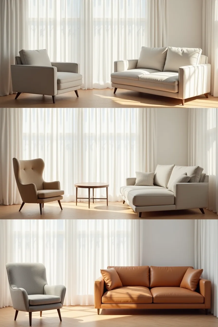 Three side-by-side seating arrangements comparing basic upholstered, modular rental, and high-end leather styles.