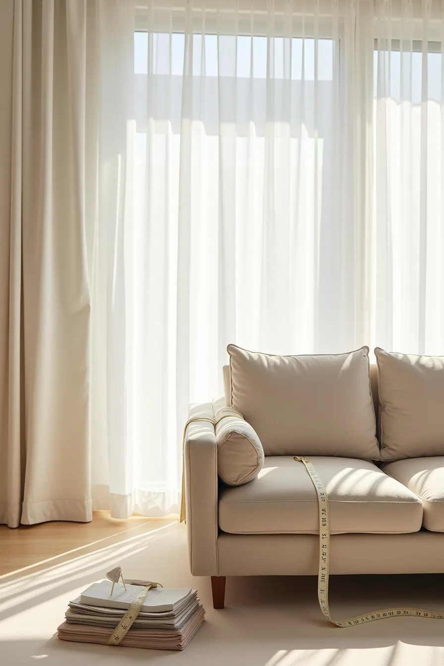 Sofa and chair profiles with measurement tape and fabric swatches demonstrating sizing and material options.