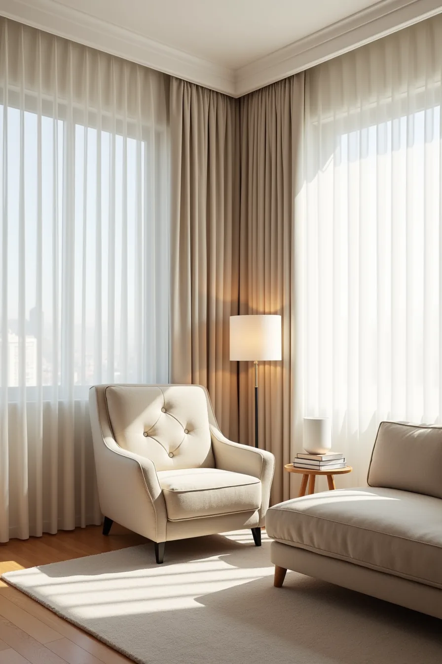 Oversized tufted armchair angled toward a modern sectional with a side table and floor lamp nearby.