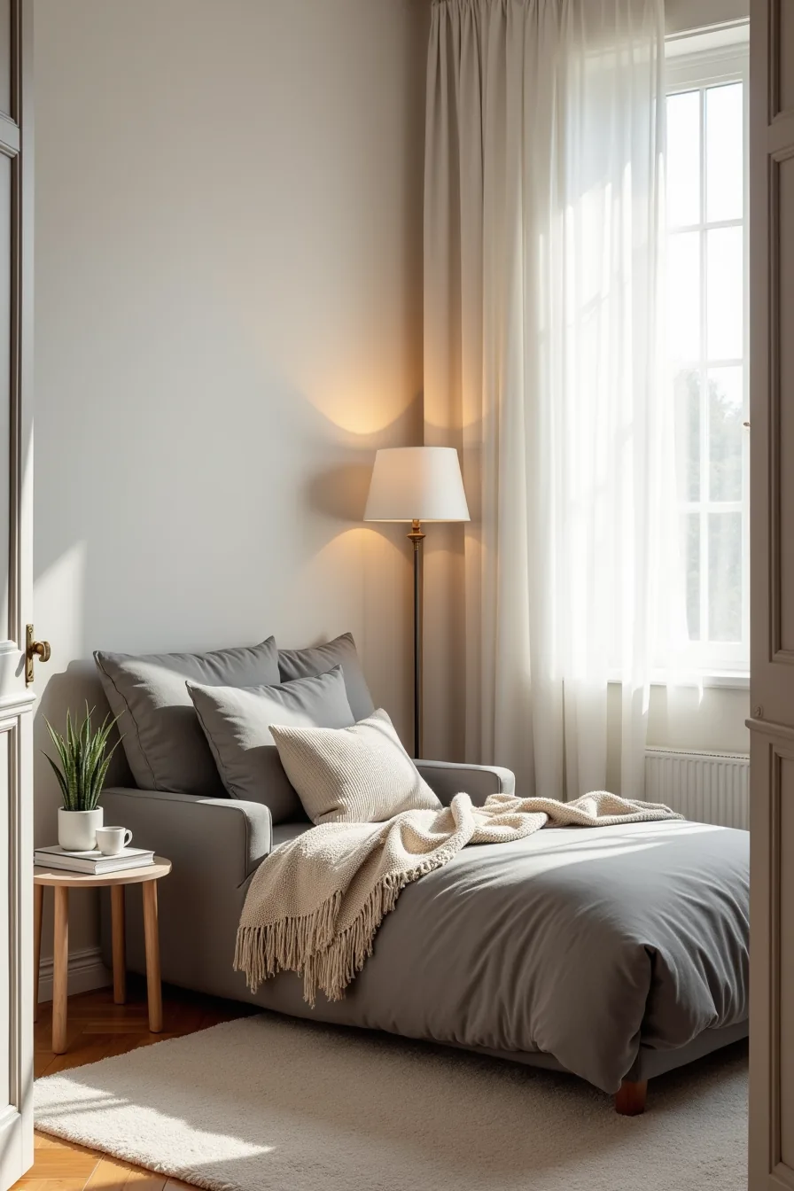 Charcoal chaise lounge with draped throw blanket, side table, coffee cup, and potted plant as bedroom focal point.