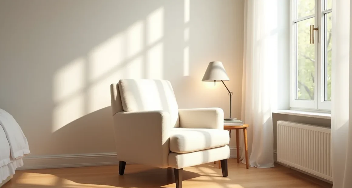 Cream armchair in bedroom corner with side table, lamp, and morning window light casting shadows on hardwood floor.