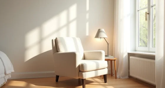 Cream armchair in bedroom corner with side table, lamp, and morning window light casting shadows on hardwood floor.