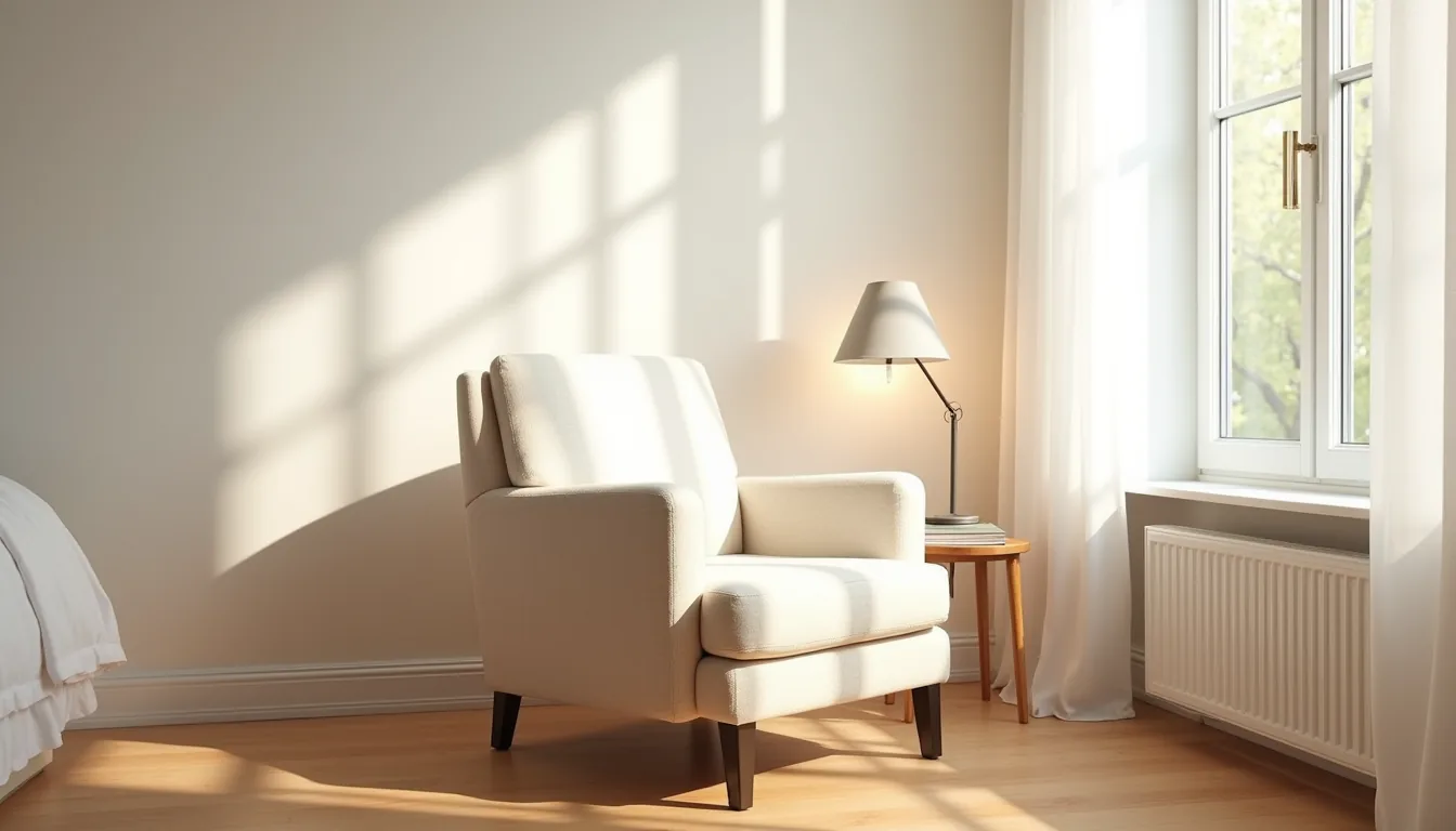 Cream armchair in bedroom corner with side table, lamp, and morning window light casting shadows on hardwood floor.