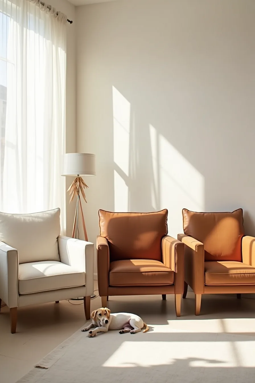 Three sofa chairs in linen, cognac leather, and performance microfiber with pet toy nearby showing fabric texture variations.