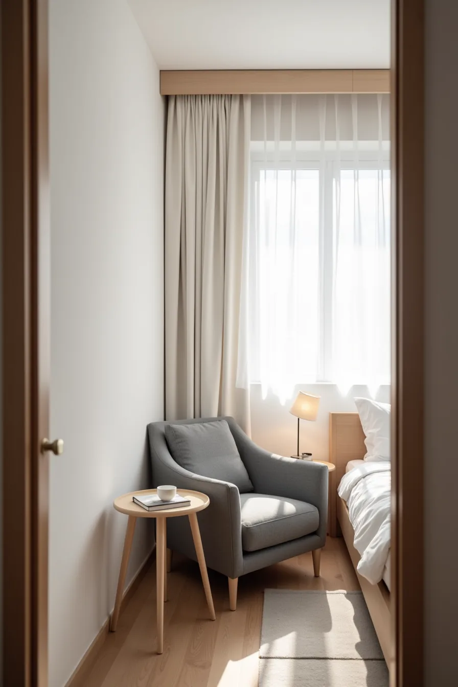 Gray single-seat sofa chair in bedroom corner with round accent table, cup, and bed frame visible in tight space.