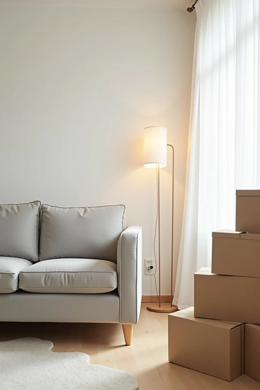Light gray modular armchair with wooden legs in bedroom center surrounded by moving boxes and open floor space.