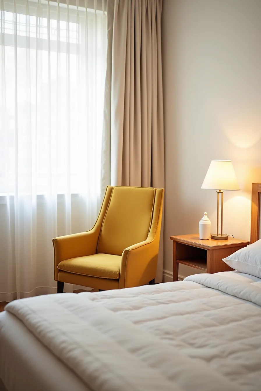 Mustard mid-century lounge chair angled opposite bed frame with console table and decorative objects between them.