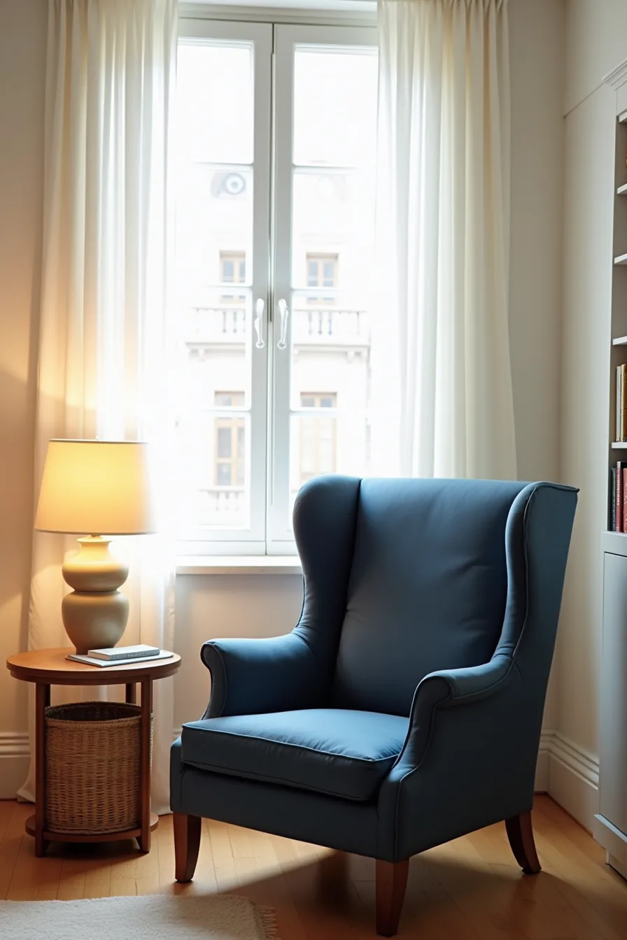Navy wingback chair by window with wooden side table, reading lamp, and woven basket on either side.