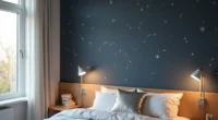 Deep navy wall decorated with white constellation patterns, silver metallic pillow on bed, fiber-optic ceiling lights