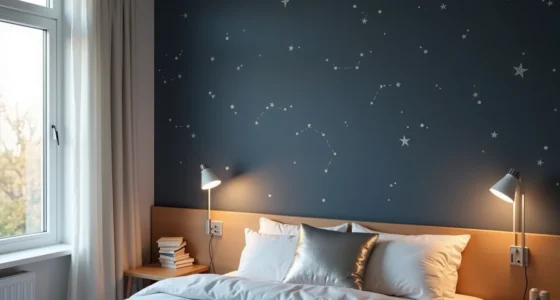 Deep navy wall decorated with white constellation patterns, silver metallic pillow on bed, fiber-optic ceiling lights