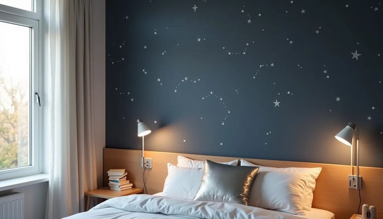 Deep navy wall decorated with white constellation patterns, silver metallic pillow on bed, fiber-optic ceiling lights